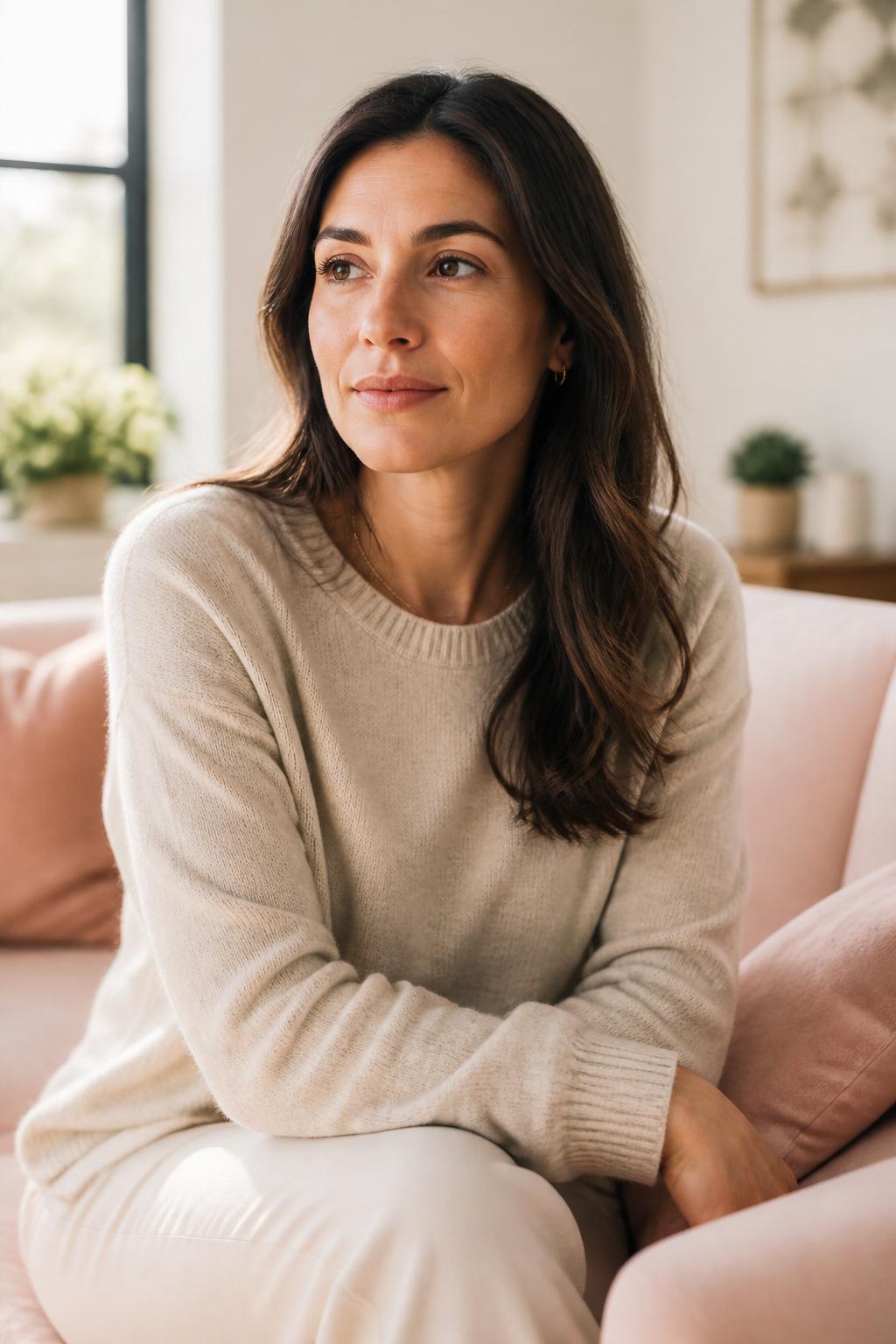 A woman at home, calm and confident