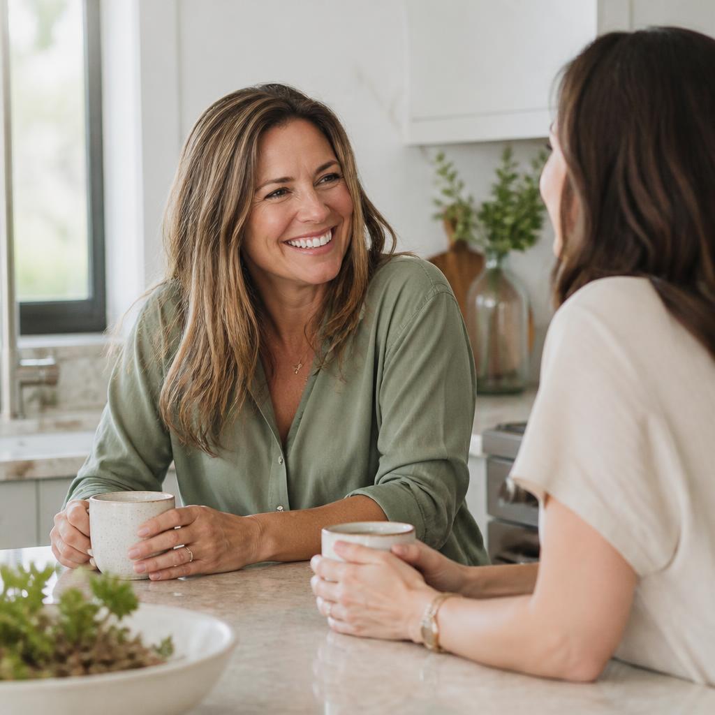 Two women laughing over coffee