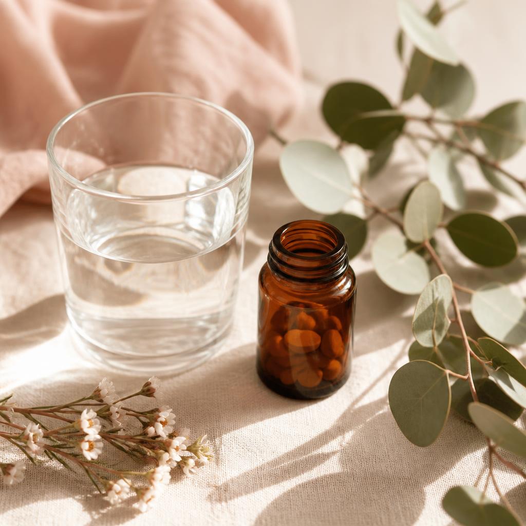 Glass of water, greenery, and a prescription bottle